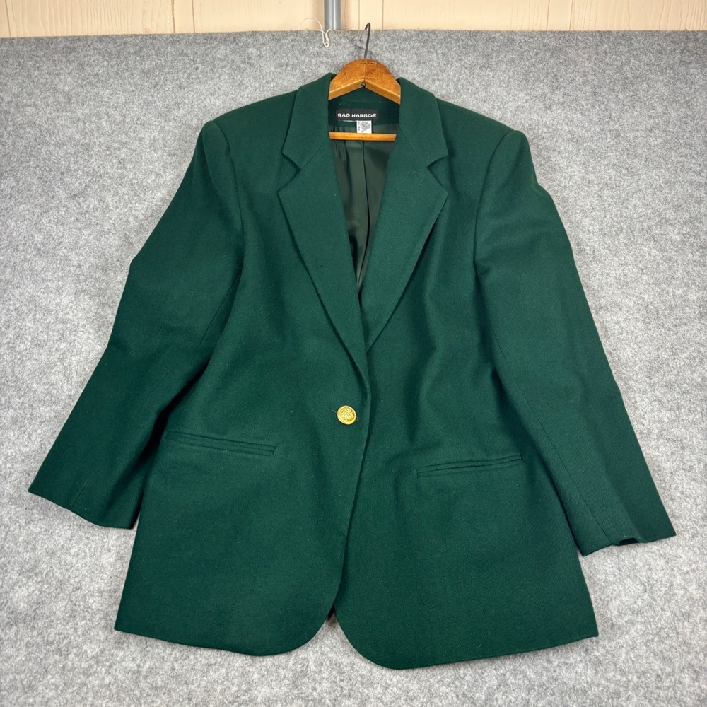 Sag Harbor Blazer Women 14 Green 100% Wool Single Button Gold Crest 7950